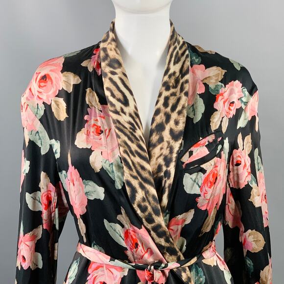 R13 Size XS Black Multi Color Silk Floral Shawl Collar Smoking Robe - Picture 2 of 10